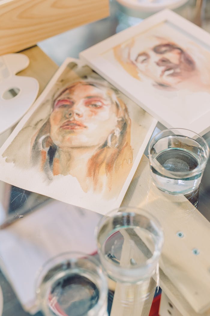 A collection of artistic watercolor portraits showcasing vibrant creativity on a glass table.